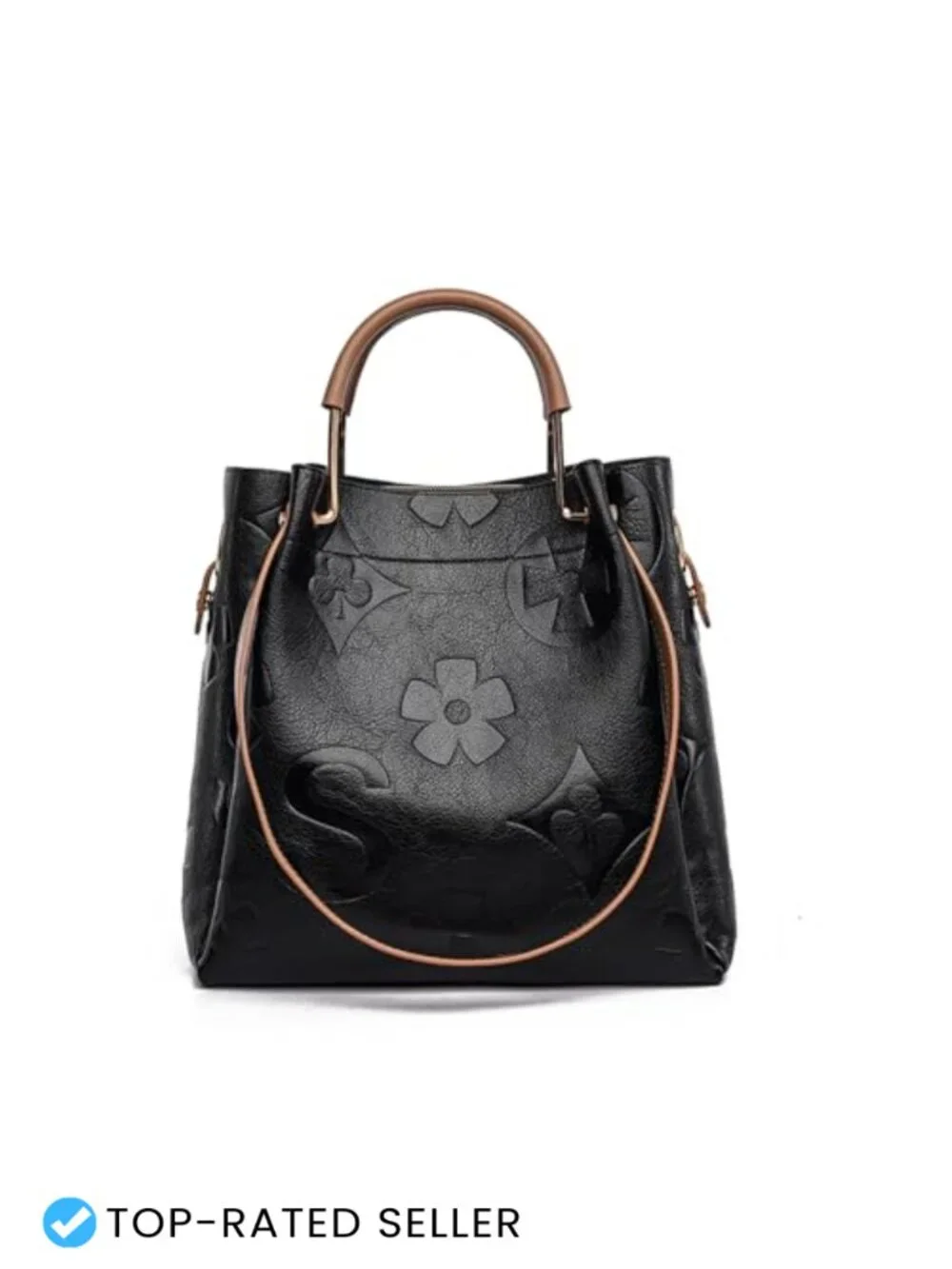 Vegan Leather Floral Embossed Satchel Tote Handbag Set with Detachable Wristlet